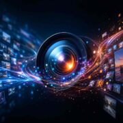 Center-dial camera lens with colorful light trails and floating photo thumbnails depicting digital media concept