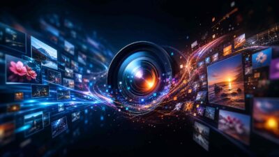 Center-dial camera lens with colorful light trails and floating photo thumbnails depicting digital media concept