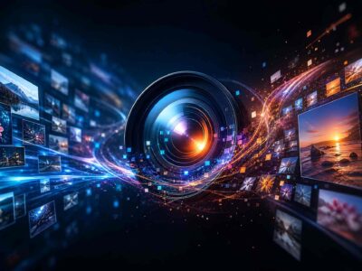 Center-dial camera lens with colorful light trails and floating photo thumbnails depicting digital media concept