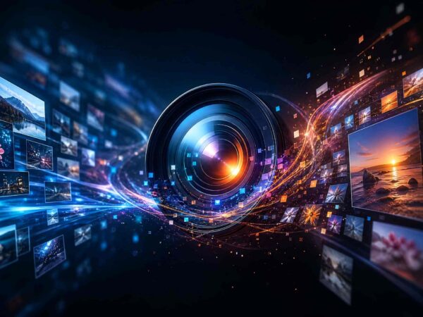 Center-dial camera lens with colorful light trails and floating photo thumbnails depicting digital media concept