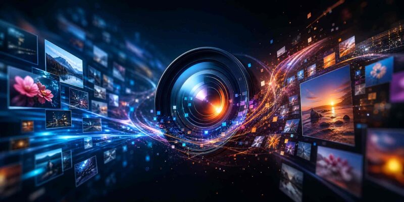 Center-dial camera lens with colorful light trails and floating photo thumbnails depicting digital media concept