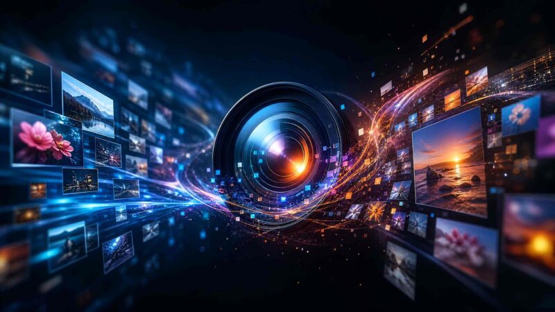 Center-dial camera lens with colorful light trails and floating photo thumbnails depicting digital media concept