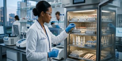Lab technician wearing a white coat, gloves, and safety glasses places a vial into a glass-front refrigerated cabinet in a biotech lab instrument room with other equipment nearby.