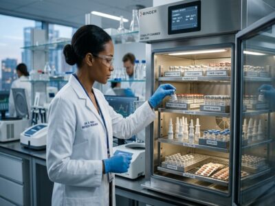 Lab technician wearing a white coat, gloves, and safety glasses places a vial into a glass-front refrigerated cabinet in a biotech lab instrument room with other equipment nearby.