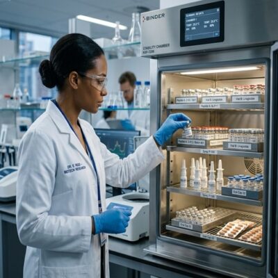 Lab technician wearing a white coat, gloves, and safety glasses places a vial into a glass-front refrigerated cabinet in a biotech lab instrument room with other equipment nearby.