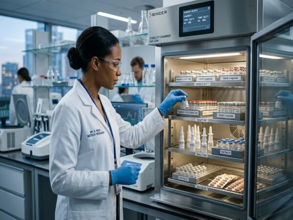 Lab technician wearing a white coat, gloves, and safety glasses places a vial into a glass-front refrigerated cabinet in a biotech lab instrument room with other equipment nearby.