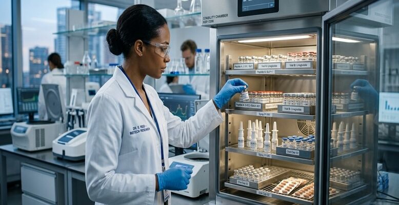 Lab technician wearing a white coat, gloves, and safety glasses places a vial into a glass-front refrigerated cabinet in a biotech lab instrument room with other equipment nearby.