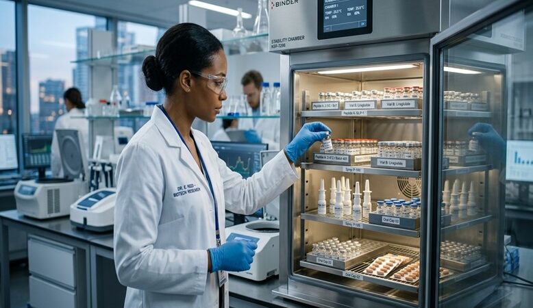 Lab technician wearing a white coat, gloves, and safety glasses places a vial into a glass-front refrigerated cabinet in a biotech lab instrument room with other equipment nearby.